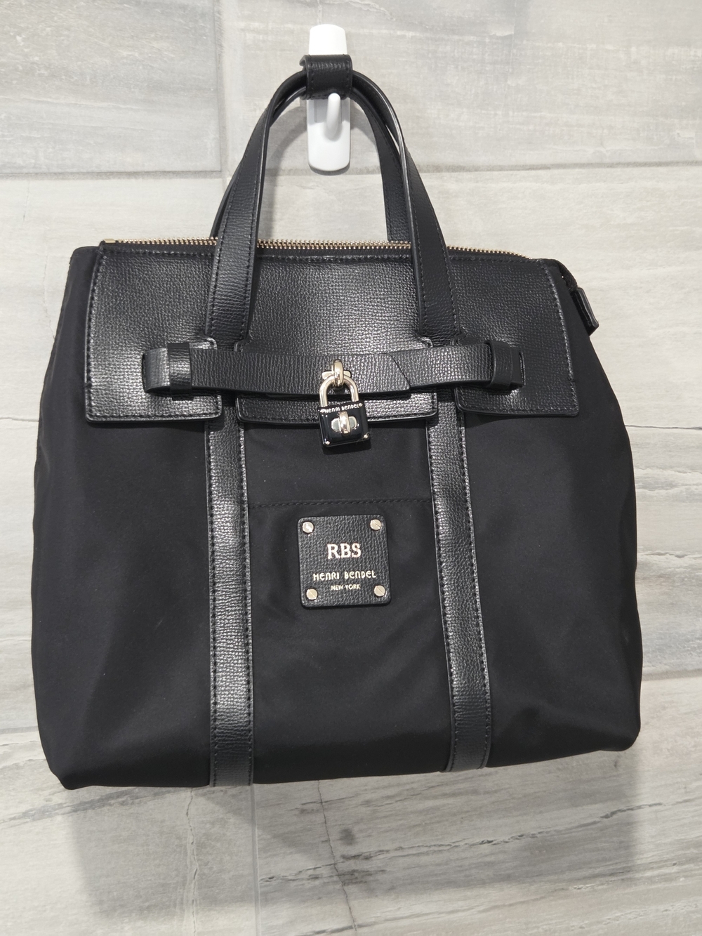 Henri Bendel Jetsetter Black Nylon Saffiano Trim Top Handle Satchel Tote Bag